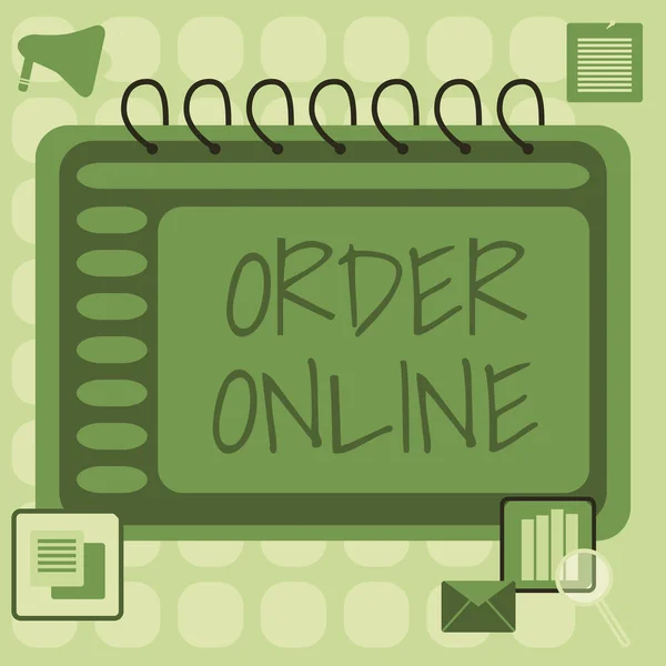 Sign displaying Order Online. Business concept Buying goods and services from the sellers over the internet Blank Open Spiral Notebook With A Calculator And A Pen On Table. — Photo