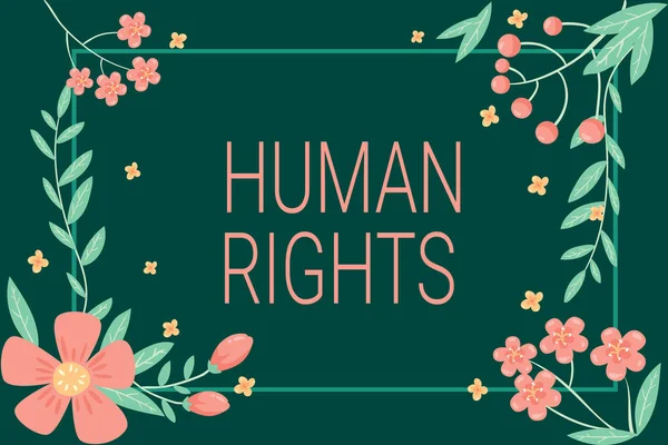 Inspiration showing sign Human Rights. Business showcase Moral Principles Standards Norms of a showing protected by Law Frame Decorated With Colorful Flowers And Foliage Arranged Harmoniously. — Stock Fotó