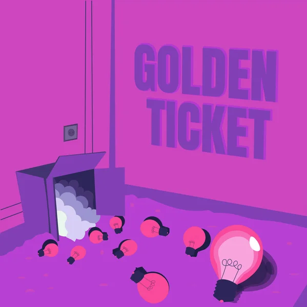 Sign displaying Golden Ticket. Business overview Rain Check Access VIP Passport Box Office Seat Event Light bulbs spilled out box symbolizing innovative thinking. — Fotografia de Stock