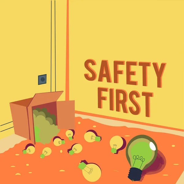Inspiration showing sign Safety First. Conceptual photo Avoid any unnecessary risk Live Safely Be Careful Pay attention Light bulbs spilled out box symbolizing innovative thinking. — ストック写真