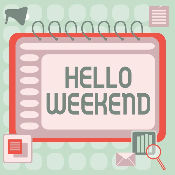 Hand writing sign Hello Weekend. Business overview Getaway Adventure Friday Positivity Relaxation Invitation Blank Open Spiral Notebook With A Calculator And A Pen On Table. — Foto de Stock