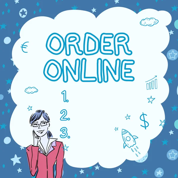 Inspiration showing sign Order Online. Business approach Buying goods and services from the sellers over the internet Illustration Of Lady Thinking Deeply Alone For New Amazing Tactical Ideas. — Foto de Stock