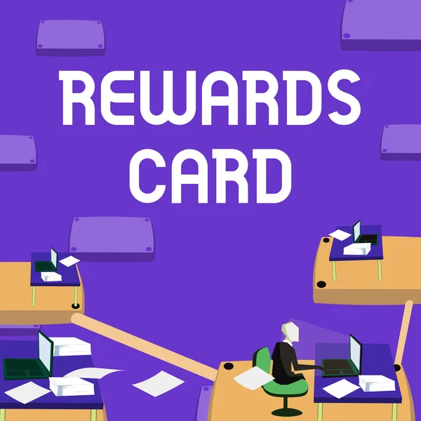 Sign displaying Rewards Card. Word Written on Help earn cash points miles from everyday purchase Incentives Male office worker utilizing technology available office supplies. — Stockfoto