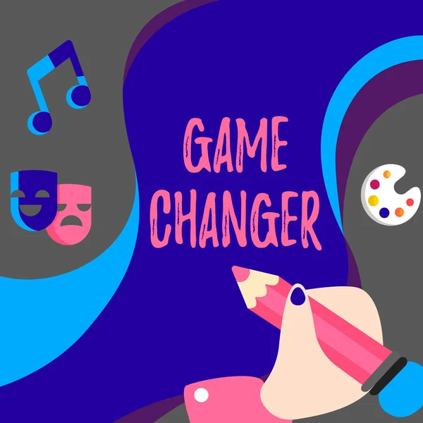 Text caption presenting Game Changer. Business approach Sports Data Scorekeeper Gamestreams Live Scores Team Admins Hand Using Pencil Strategizing Newest Innovative Creative Goal Plans. — 스톡 사진