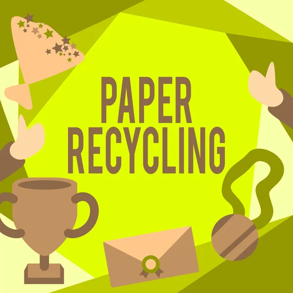 Text showing inspiration Paper Recycling. Internet Concept Using the waste papers in a new way by recycling them People Congratulating Success Presenting Earned Trophy Medals. — Fotografia de Stock