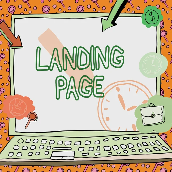 Text showing inspiration Landing Page. Word for Website accessed by clicking a link on another web page Poster decorated with monetary symbols displaying punctuality of employees. — Stock Photo, Image