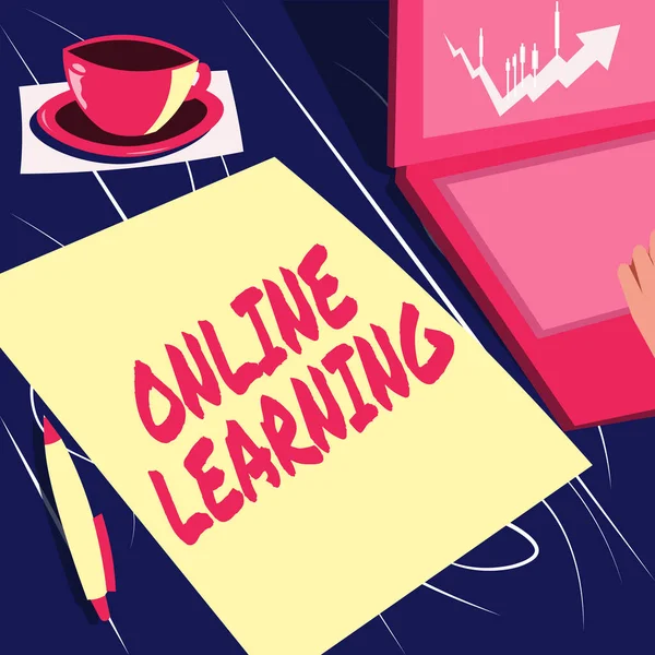 Sign displaying Online Learning. Business idea Larning with the assistance of the Internet and a computer Laptop Resting Beside Coffee Mug And Plain Sheet Showing Work Process. — Zdjęcie stockowe