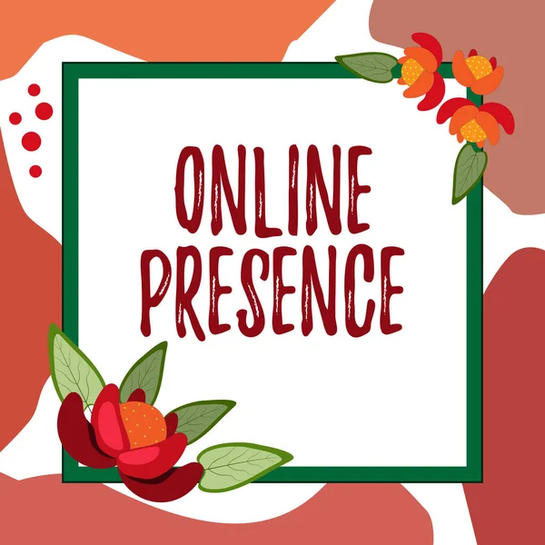 Writing displaying text Online Presence. Business approach existence of someone that can be found via an online search Blank Frame Decorated With Abstract Modernized Forms Flowers And Foliage. — ストック写真