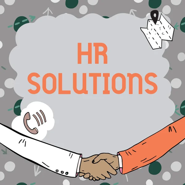 Sign displaying Hr Solutions. Concept meaning Outsourced Human resources consultancy and support Experts Empty frame decorated with communication symbols represent business meeting — Foto Stock