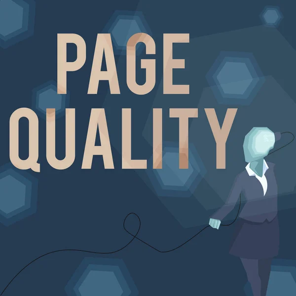 Handwriting text Page Quality. Word Written on Effectiveness of a website in terms of appearance and function Lady wearing suit with a head full of ideas represented by a light bulb. — Stok fotoğraf