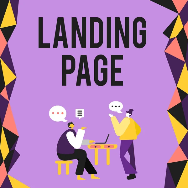 Inspiration showing sign Landing Page. Word for Website accessed by clicking a link on another web page Colleagues Having Meeting Discussing Future Project Improvement Ideas. — Stockfoto