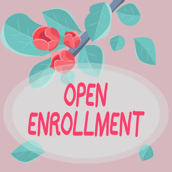 Inspiration showing sign Open Enrollment. Business overview The yearly period when showing can enroll an insurance Frame Decorated With Colorful Flowers And Foliage Arranged Harmoniously. — ストック写真