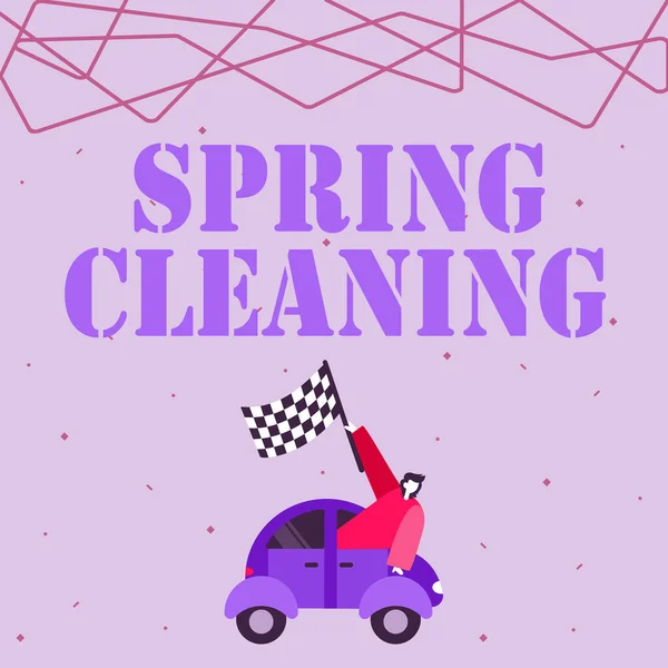 Text med vårstädning. Business showcase praxis för grundlig rengöring hus på våren Affärsman Viftande Banner Från Vehicle Racing Mot Framgångsrik framtid. — Stockfoto