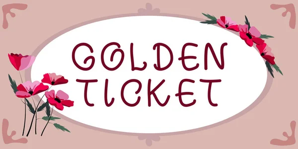 Fogalmi kiállítás Golden Ticket. Word Written on Eső Check Access VIP Passport Box Office Seat Event üres keret díszített elvont modernizált formák Virágok és lombozat. — Stock Fotó