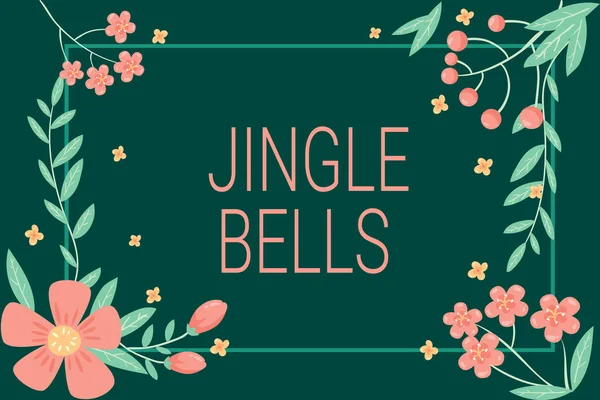 El yazısı Jingle Bells. İnternet Konsepti Dünyanın en ünlü geleneksel Noel şarkısı Renkli Çiçekler ve Yapraklarla süslenmiş çerçeveler.