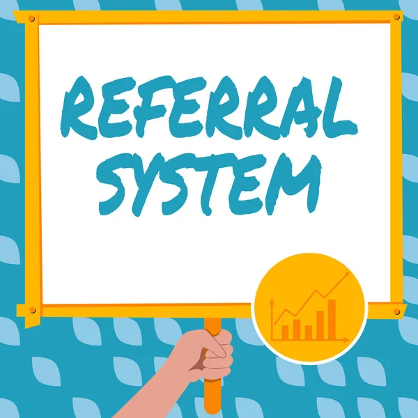 Text caption presenting Referral System. Business concept sending own patient to another physician for treatment Hand Holding Panel Board Displaying Latest Financial Growth Strategies. — 스톡 사진