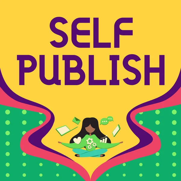 Bildunterschrift: Self Publish. Word Written on Published work Unabhängig und auf eigene Kosten Indie Author Woman Umgeben von technologischen Geräten, die zukünftige Fortschritte präsentieren. — Stockfoto