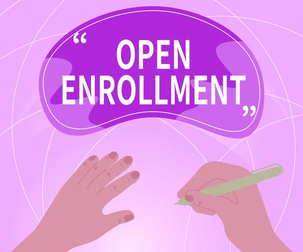 Handwriting text Open Enrollment. Conceptual photo The yearly period when showing can enroll an insurance Hands Using Pencil Strategizing Newest Innovative Creative Goal Plans. — Stockfoto