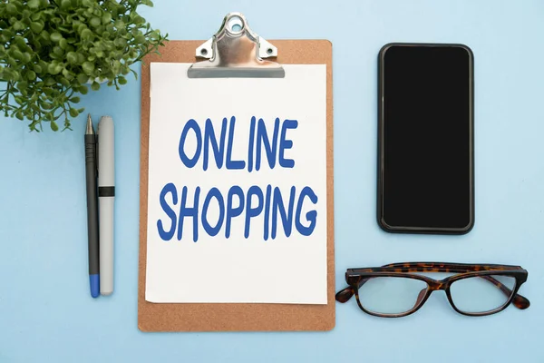 Text caption presenting Online Shopping. Concept meaning allows consumers to buy their goods over the Internet Flashy School Office Supplies, Teaching Learning Collections, Writing Tools, — Stockfoto