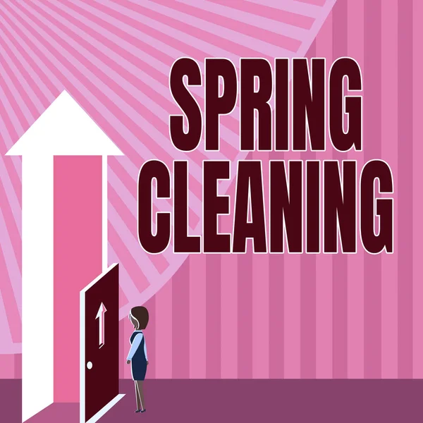 Τίτλος κειμένου που παρουσιάζει Spring Cleaning. Word for practice of completely cleaning house in the Springtime Lady Standing Front Of Door Ανοίγοντας νέες ευκαιρίες για επιτυχία. — Φωτογραφία Αρχείου