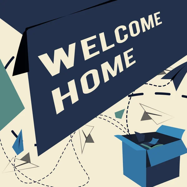 Writing displaying text Welcome Home. Word for Expression Greetings New Owners Domicile Doormat Entry Open Box With Flying Paper Planes Presenting New Free Ideas — Stok fotoğraf