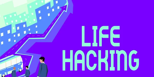 Szöveg megjelenítése Life Hacking. Üzleti áttekintés Egyszerű és okos technikák a feladat egyszerű elvégzésében Egy csoport üzletember buszozik a siker és a növekedés felé vezető úton. — Stock Fotó