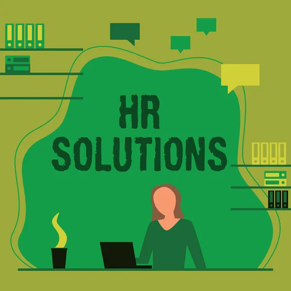 Inspiration showing sign Hr Solutions. Conceptual photo Outsourced Human resources consultancy and support Experts Woman Sitting On Desk Working And Presenting New Technologies. — Foto Stock