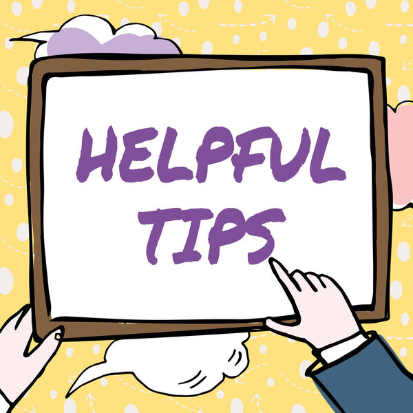 Conceptual caption Helpful Tips. Business approach Useful secret Information Advice given to accomplish something Hands Holding Paper Showing New Ideas Surrounded With Stars.