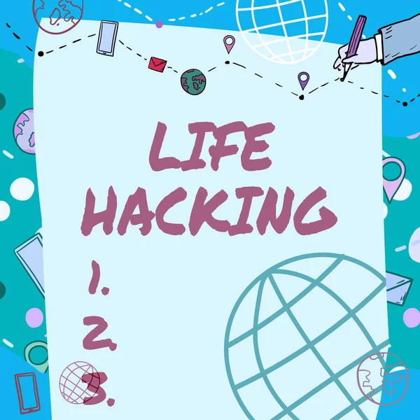 A Life Hacking megjelenítése. Üzleti kirakat Egyszerű és okos technikák a feladat elvégzésében egyszerűen egyszerű fehértábla kézzel Rajzolási útmutató vonal lépésekhez a világ felett Globe. — Stock Fotó