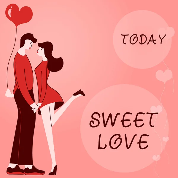 Hand writing sign SWEET LOVE. Word Written on Title for beloved person Happy Valentines Day Couple holding hands represent romantic pair expressing love. —  Fotos de Stock