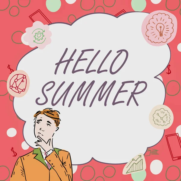 Skrivtext Hello Summer. Business showcase Välkomna den varmaste säsongen på året kommer efter våren Affärsman Innovativt tänkande Ledande idéer mot en stabil framtid. — Stockfoto
