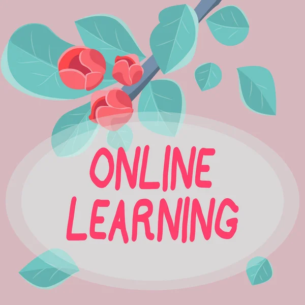 Handwriting text Online Learning. Word for Larning with the assistance of the Internet and a computer Frame Decorated With Colorful Flowers And Foliage Arranged Harmoniously. — ストック写真