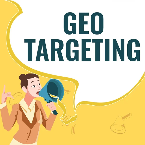 Hand writing sign Geo Targeting. Word Written on Digital Ads Views IP Address Adwords Campaigns Location Female leader holding a megaphone expressing encouraging ideas. — Stockfoto