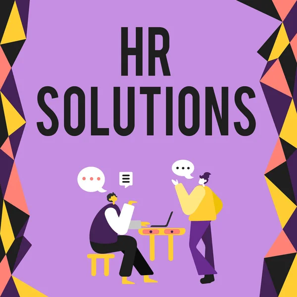 Conceptual display Hr Solutions. Conceptual photo Outsourced Human resources consultancy and support Experts Colleagues Having Meeting Discussing Future Project Improvement Ideas. — Foto Stock