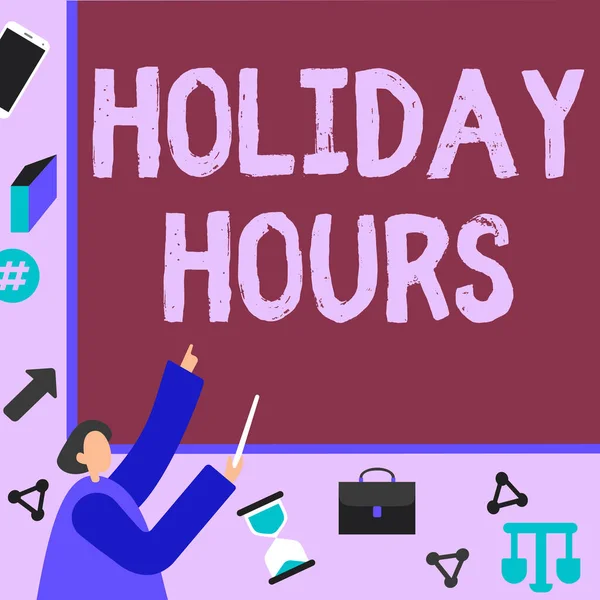 Conceptual caption Holiday Hours. Concept meaning Schedule 24 or7 Half Day Today Last Minute Late Closing Businessman Pointing Fingerpresentation Board Representing Planning Projects. — Fotografia de Stock