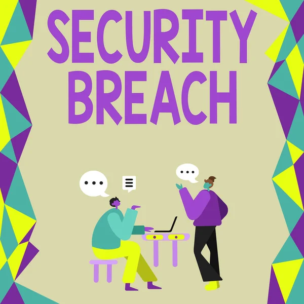 Text showing inspiration Security Breach. Word Written on incident that results in unauthorized access of data Colleagues Having Meeting Discussing Future Project Improvement Ideas. — Stock Photo, Image