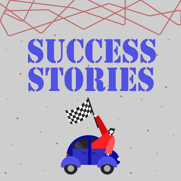 Handwriting text Success Stories. Business concept life of rule models from how he started to his death Businessman Waving Banner From Vehicle Racing Towards Successful Future. — Stock Photo, Image