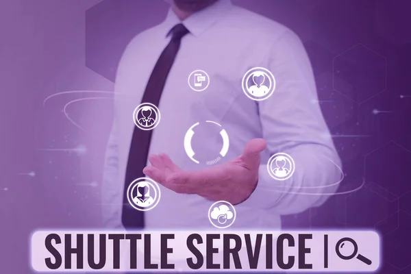 Text sign showing Shuttle Service. Business overview vehicles like buses travel frequently between two places Businessman in suit holding open palm symbolizing successful teamwork. — Stockfoto