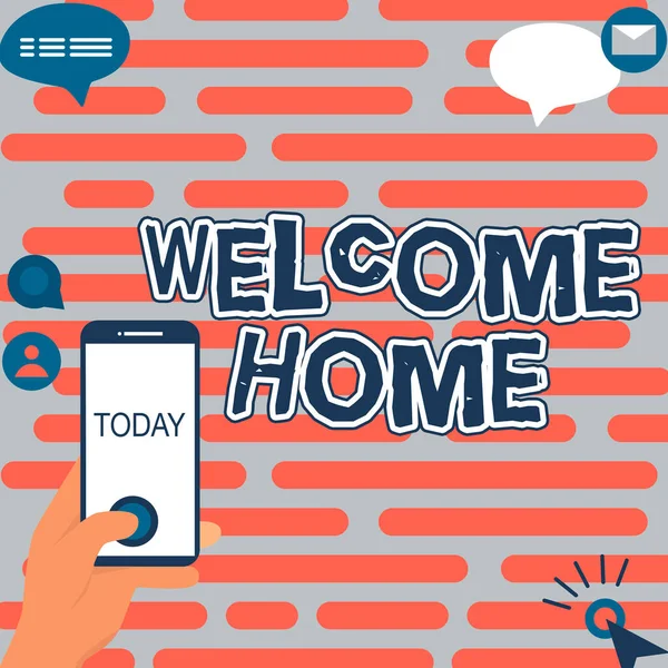 Writing displaying text Welcome Home. Internet Concept Expression Greetings New Owners Domicile Doormat Entry Hands Holding Technological Device Pressing Application Button. — Stockfoto