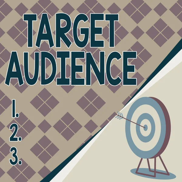 Text sign showing Target Audience. Business showcase category of showing you want to address your words to Target With Bullseye Representing Successfully Completed Project. — Stockfoto