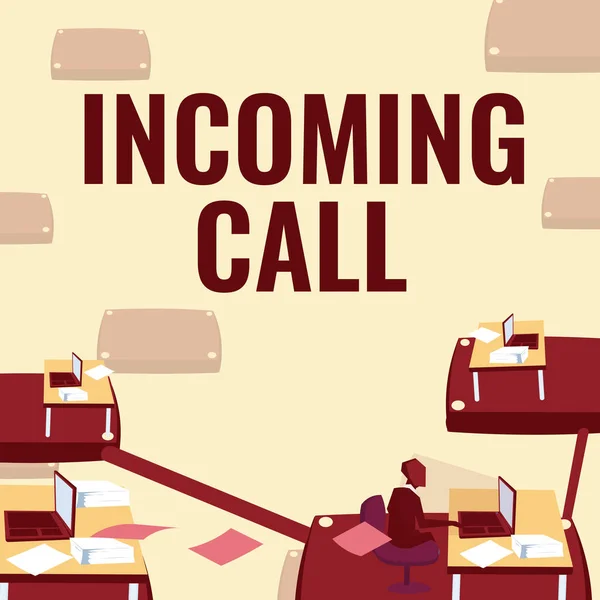 Text sign showing Incoming Call. Business concept Inbound Received Caller ID Telephone Voicemail Vidcall Male office worker utilizing technology available office supplies. — 스톡 사진