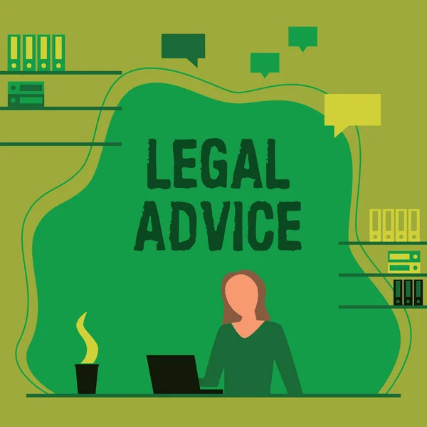 Jogi tanácsadást mutató szöveges jel. Üzleti áttekintés Ügyvéd véleménye a jogi eljárásról egy adott helyzetben Nő ül az íróasztalon Dolgozik és bemutatja az új technológiákat. — Stock Fotó