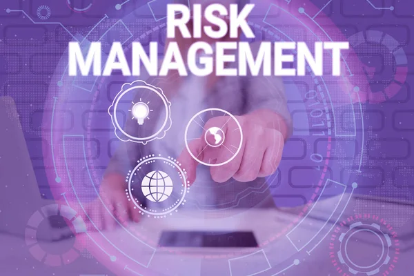 Handwriting text Risk Management. Business approach evaluation of financial hazards or problems with procedures Lady in suit pointing finger represents global innovative thinking. — Stockfoto