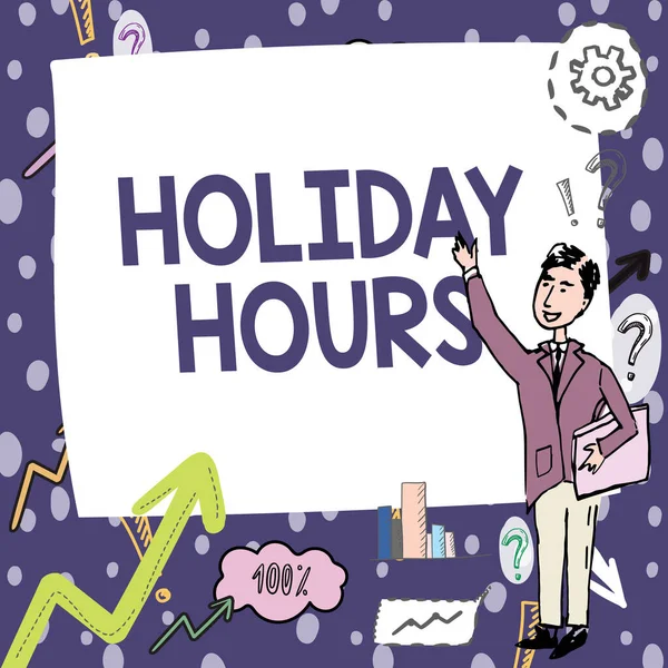 Writing displaying text Holiday Hours. Internet Concept Schedule 24 or7 Half Day Today Last Minute Late Closing Gentleman Drawing Standing Pointing Finger In Blank Whiteboard. — Fotografia de Stock