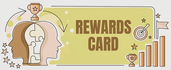 Sign displaying Rewards Card. Business approach Help earn cash points miles from everyday purchase Incentives Two Heads Connected Puzzle Showing Solving Problems And Sharing Success — ストック写真