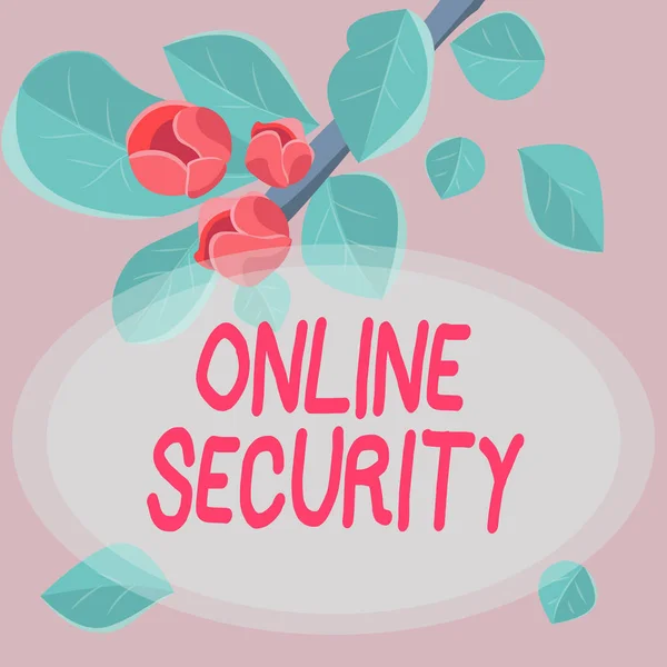 Ручная надпись Online Security. Правила бизнес-концепции, защищающие от атак через интернет-рамку, украшенную красочными цветами и листвой. — стоковое фото