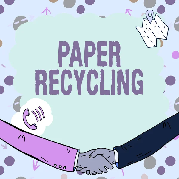 Text caption presenting Paper Recycling. Word for Using the waste papers in a new way by recycling them Empty frame decorated with communication symbols represent business meeting — Photo
