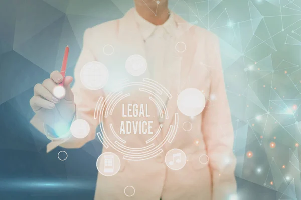 Kézírás jel Jogi tanácsadás. Üzleti kirakat Ügyvéd véleménye a jogi eljárásról egy adott helyzetben Az öltönyös hölgy a sikeres csapatmunkát szimbolizálja. — Stock Fotó