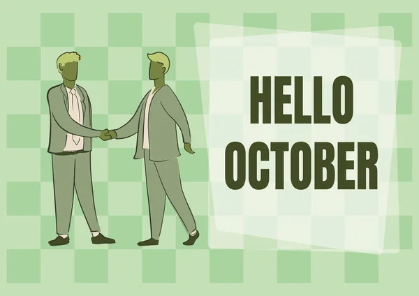 Conceptual caption Hello October. Word for Last Quarter Tenth Month 30days Season Greeting Two colleagues shaking hands congratulating successful teamwork. — Stock Fotó