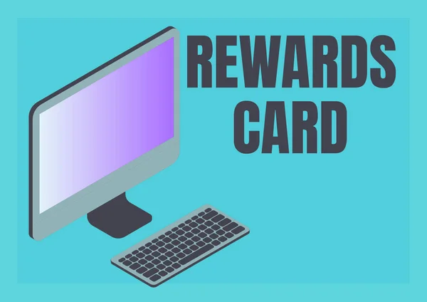 Text caption presenting Rewards Card. Internet Concept Help earn cash points miles from everyday purchase Incentives Monitor with keyboard symbolizing online connection between colleagues. — Stock fotografie